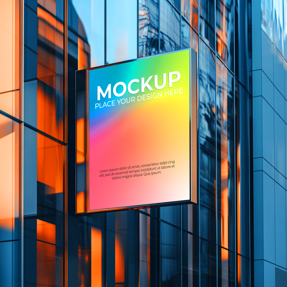 Modern City Building Exterior with Vibrant Lightbox Mockup Mockup Template psd