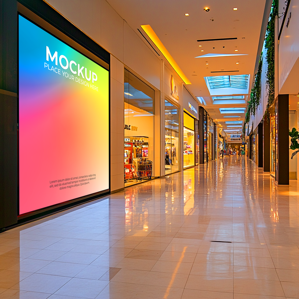 Vibrant Gradient Advertisement in Modern Shopping Mall, High-Resolution Stock Photo Mockup Template psd