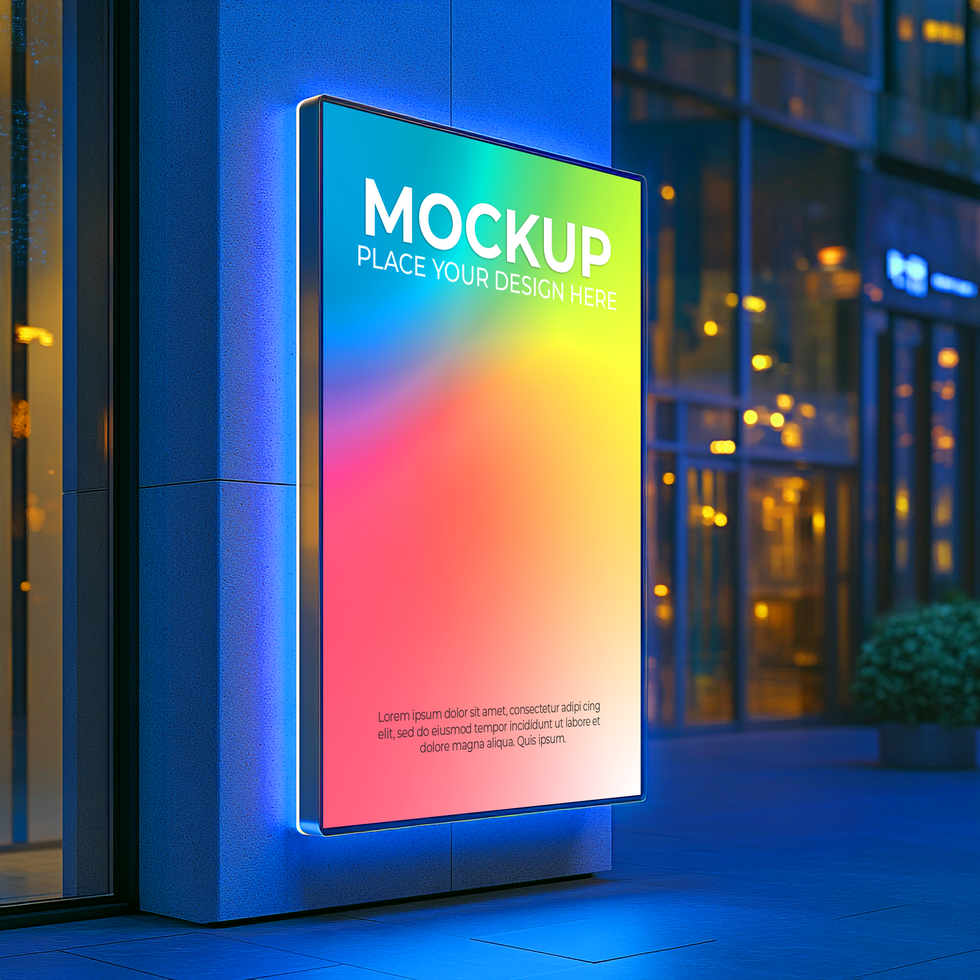 Illuminated Outdoor Signage Mockup, Nighttime Building Exterior, LED Lightbox Design, Advertising Template Mockup Template psd