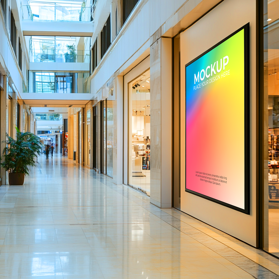 Modern Shopping Mall Interior with Vibrant Digital Signage Mockup Template psd