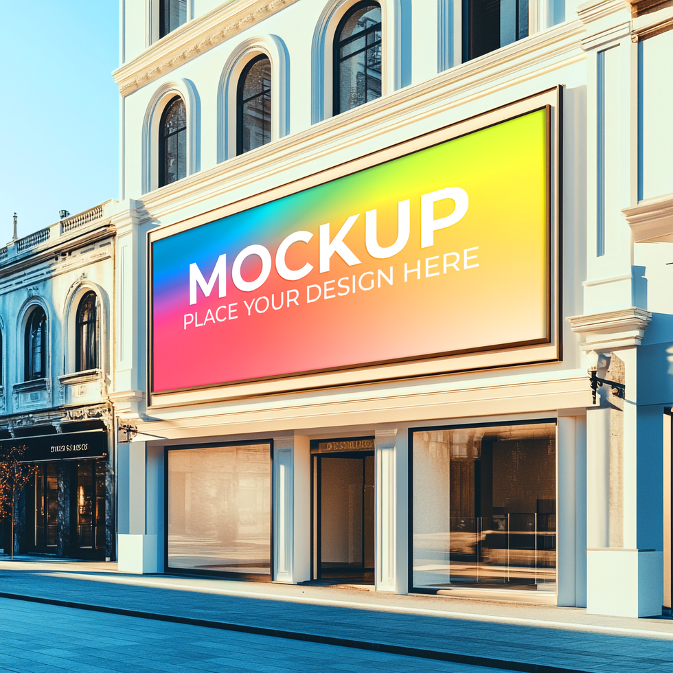 Large Building Billboard Mockup Colorful Rainbow Advertisement on City Street psd