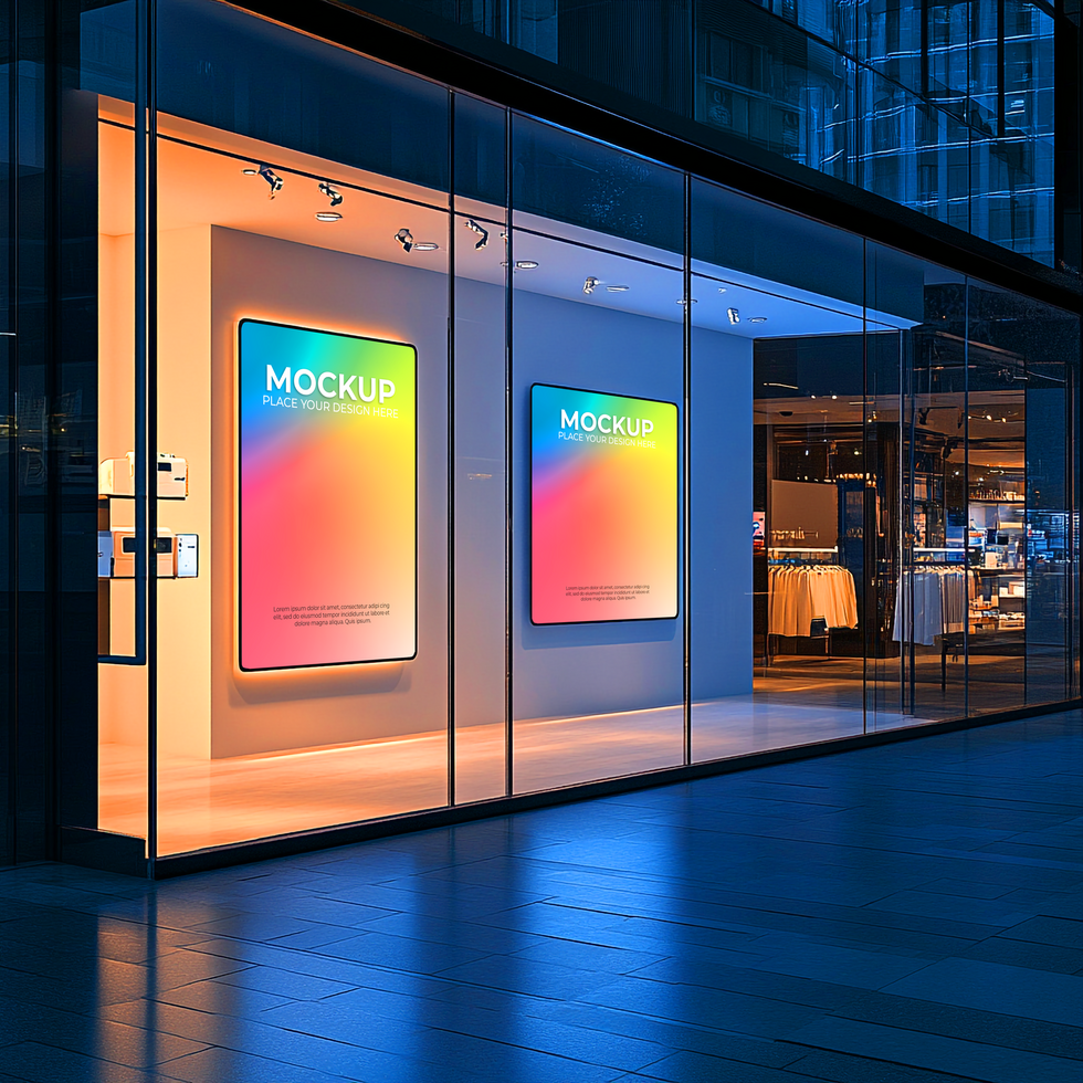 Modern Retail Store Front at Night with Colorful Posters psd