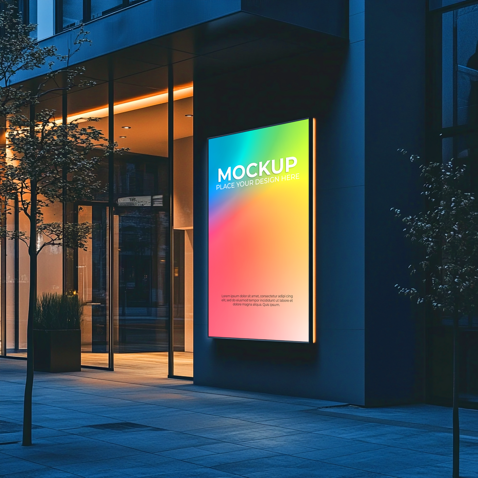 Modern Building Exterior with Illuminated Lightbox Mockup psd