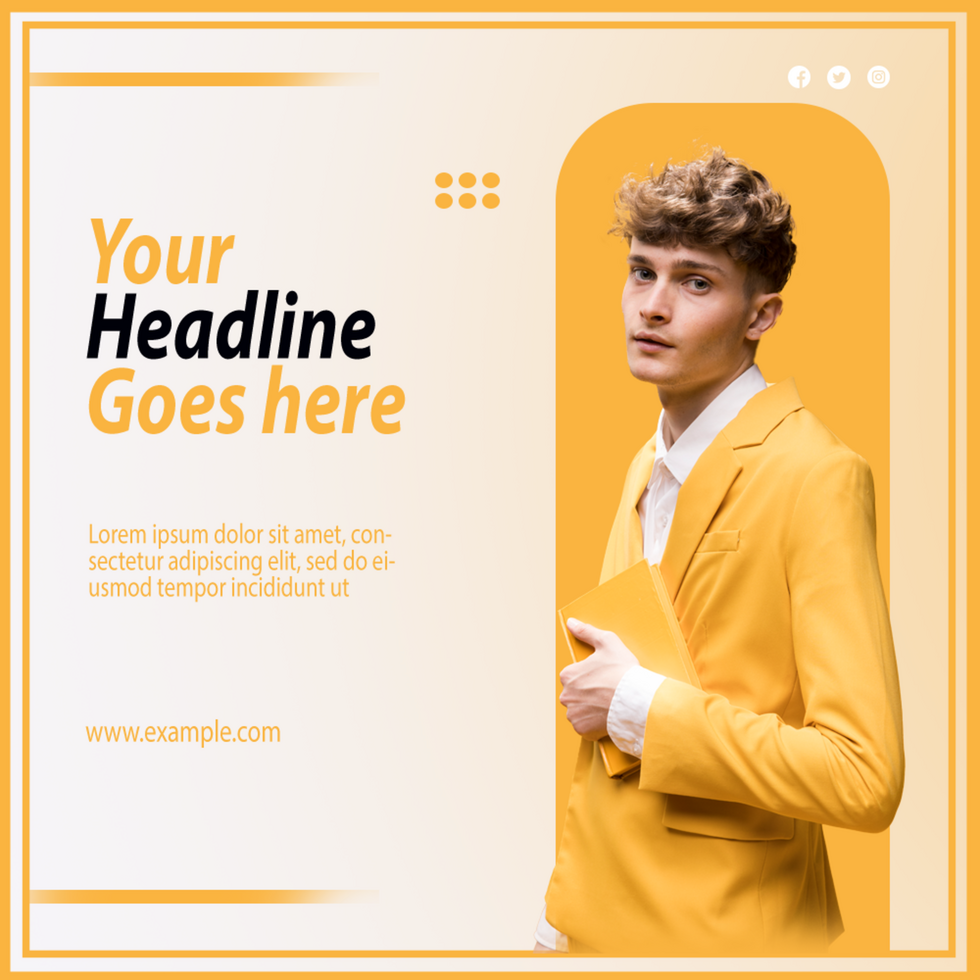 A man in a yellow suit is holding a folder psd