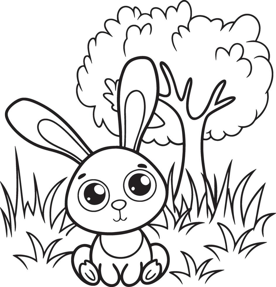Cute rabbit with tree and grass vector