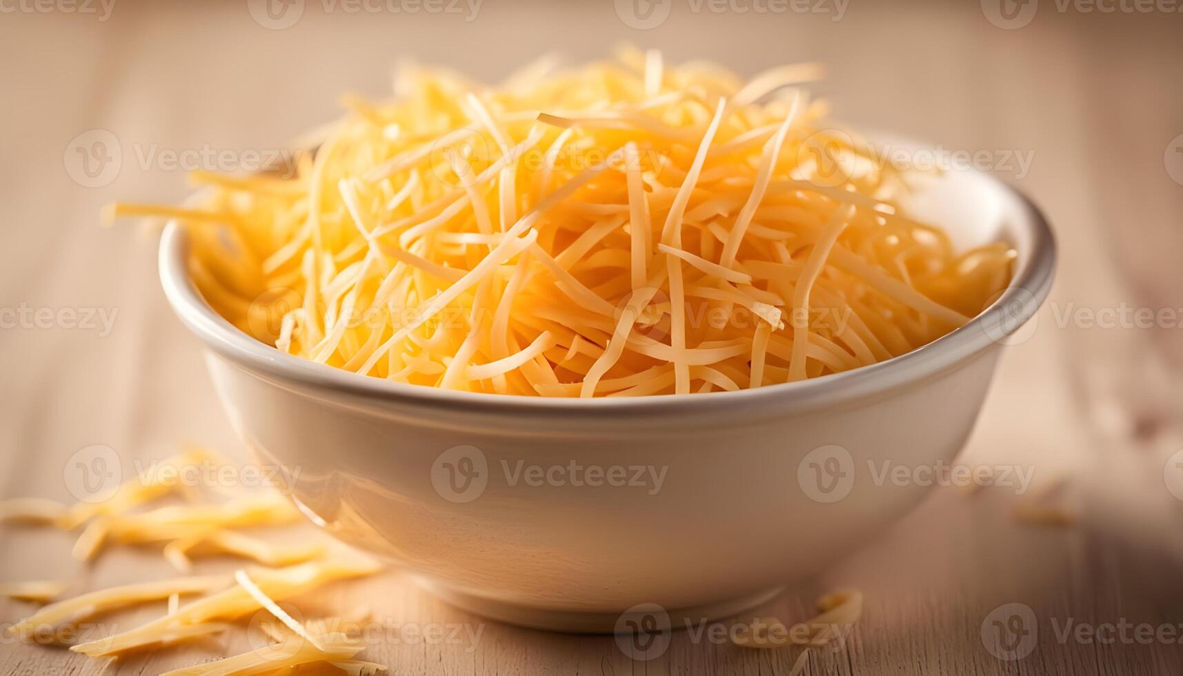 Side view of golden cheddar cheese shreds in a handmade pottery bowl photo