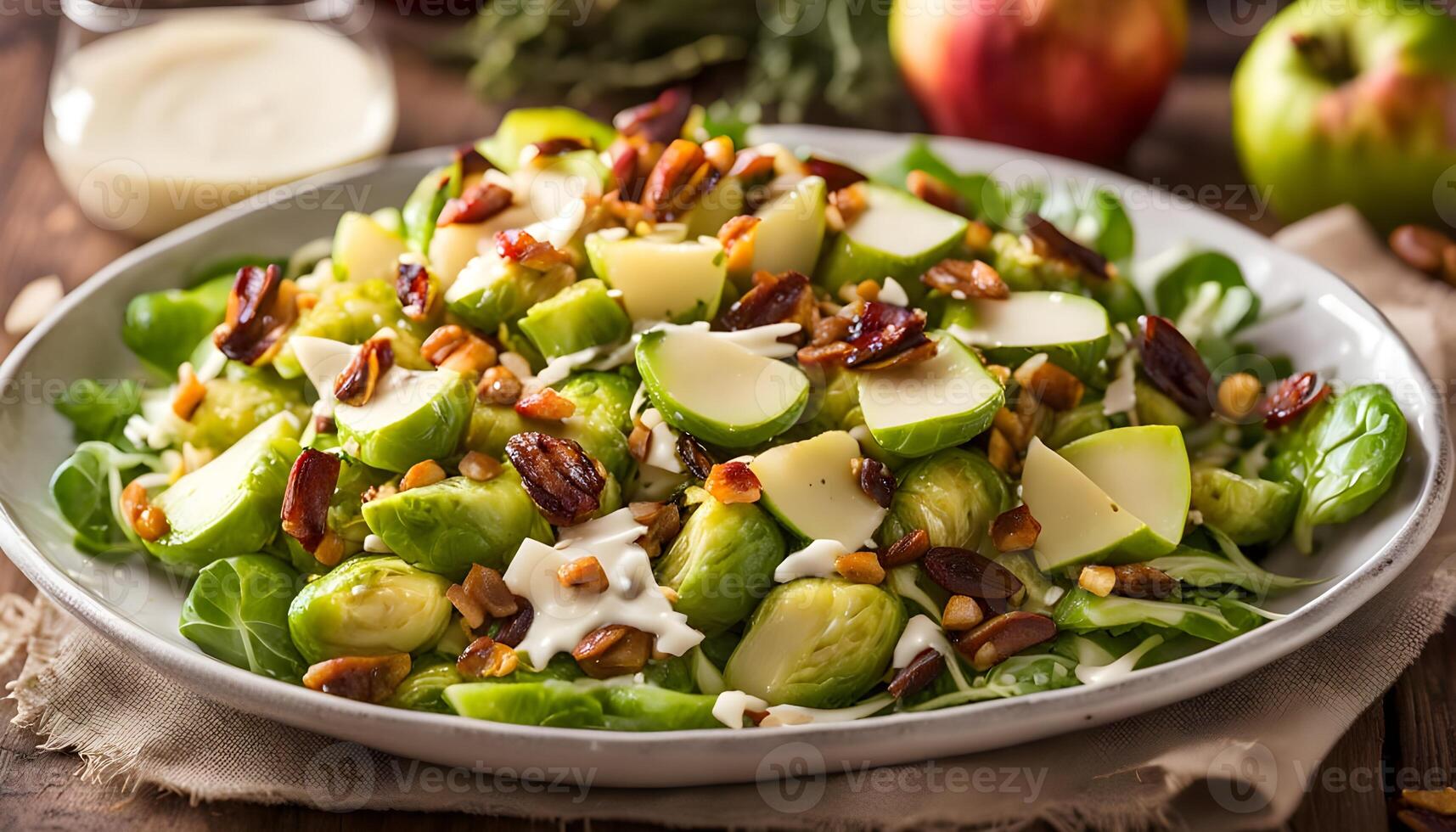 Colorful fall salad with shaved Brussels sprouts, sliced apples, crumbled cheese, and vinaigrette dressing photo