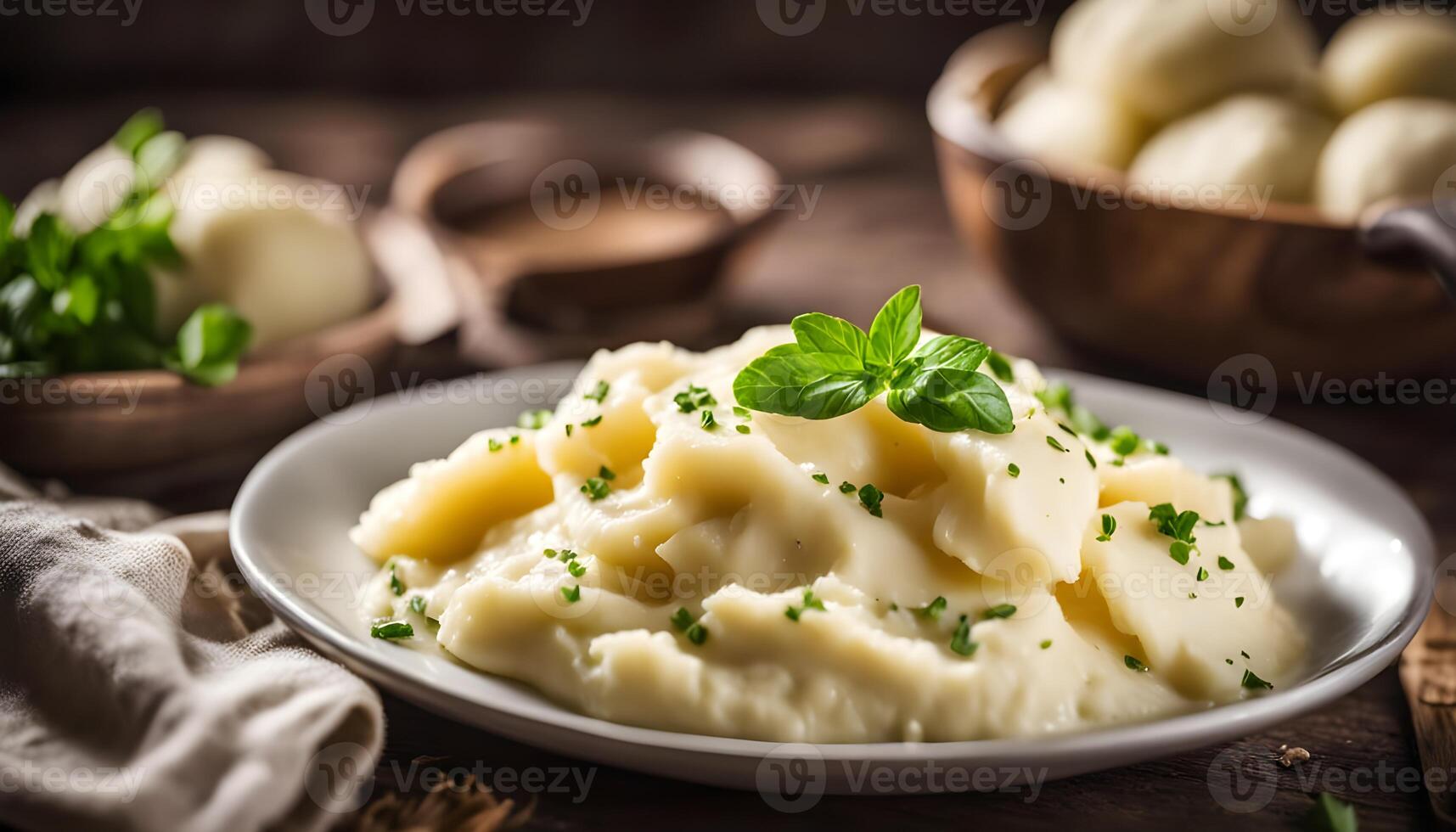 Bowl of smooth mashed potatoes styled against a warm, inviting background. photo