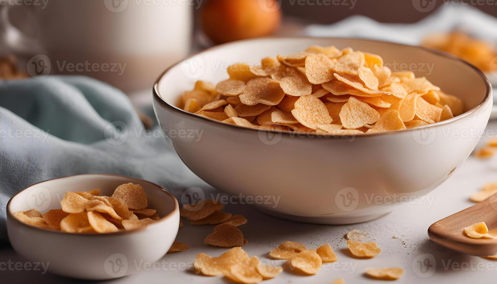 Bowl of sweet organic frosted corn flakes cereal with whole milk, captured in bright natural light on a breakfast table photo