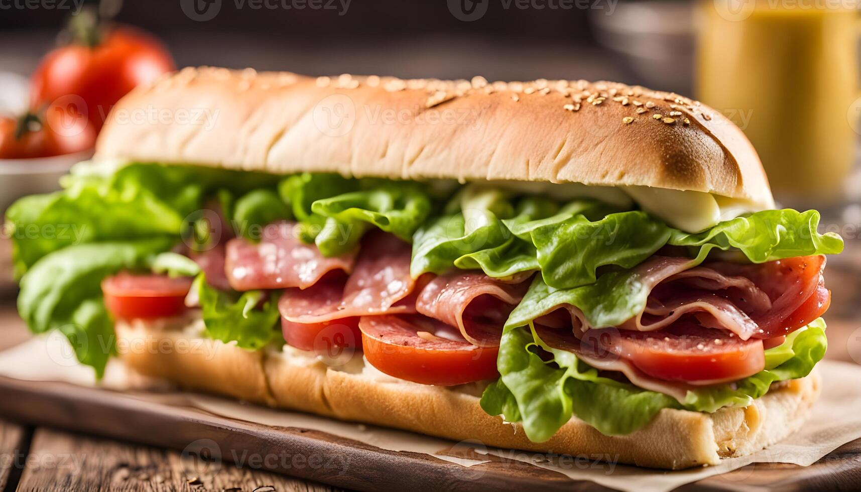 Artisan sandwich with salami, lettuce, tomato on a crusty roll, beside a bowl of soft cream cheese spread photo