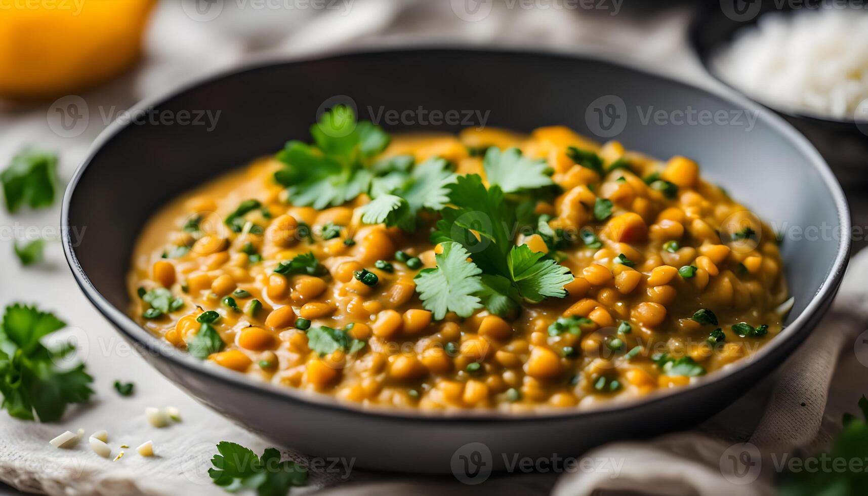 Steamy yellow dal with a side of rice and chopped cilantro on top photo