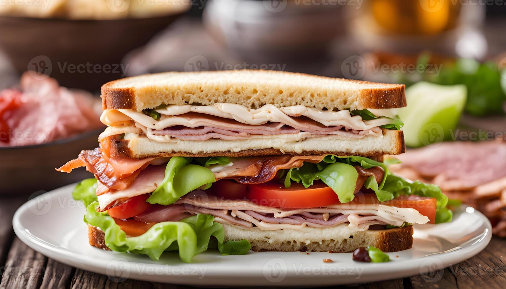 Classic triple-decker turkey club sandwich with crispy bacon, smoked ham, and juicy tomato slices, served on whole grain bread photo