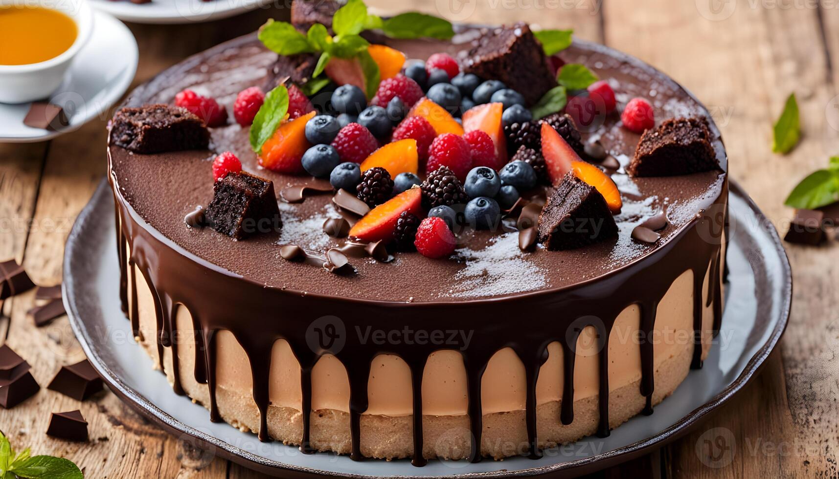 Close-up of a decadent chocolate cake on a black ceramic plate placed on wooden background photo