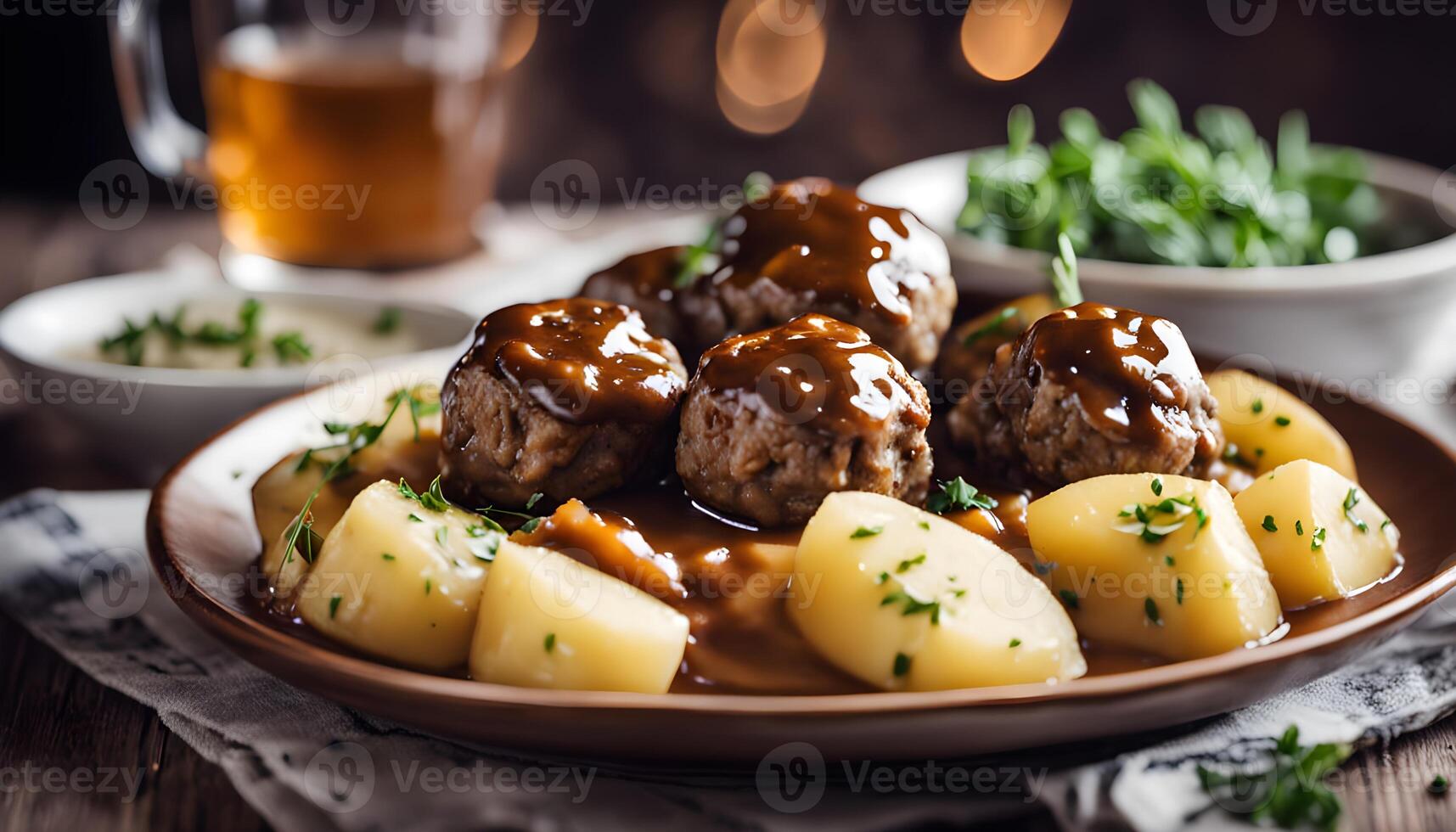 Minimalist Scandinavian dinner scene featuring Swedish meatballs, potatoes, and gravy with fresh dill garnish. photo