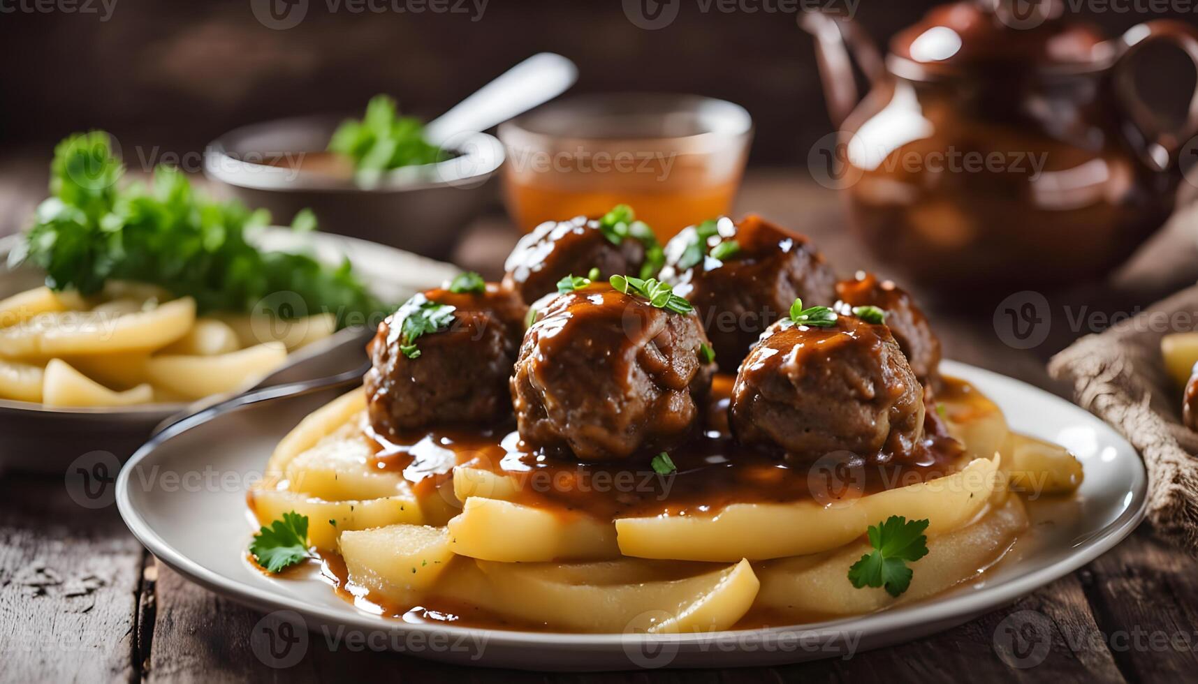 Balanced Nordic plate featuring homemade lean Swedish meatballs, rustic potatoes, and a lightened version of classic gravy photo