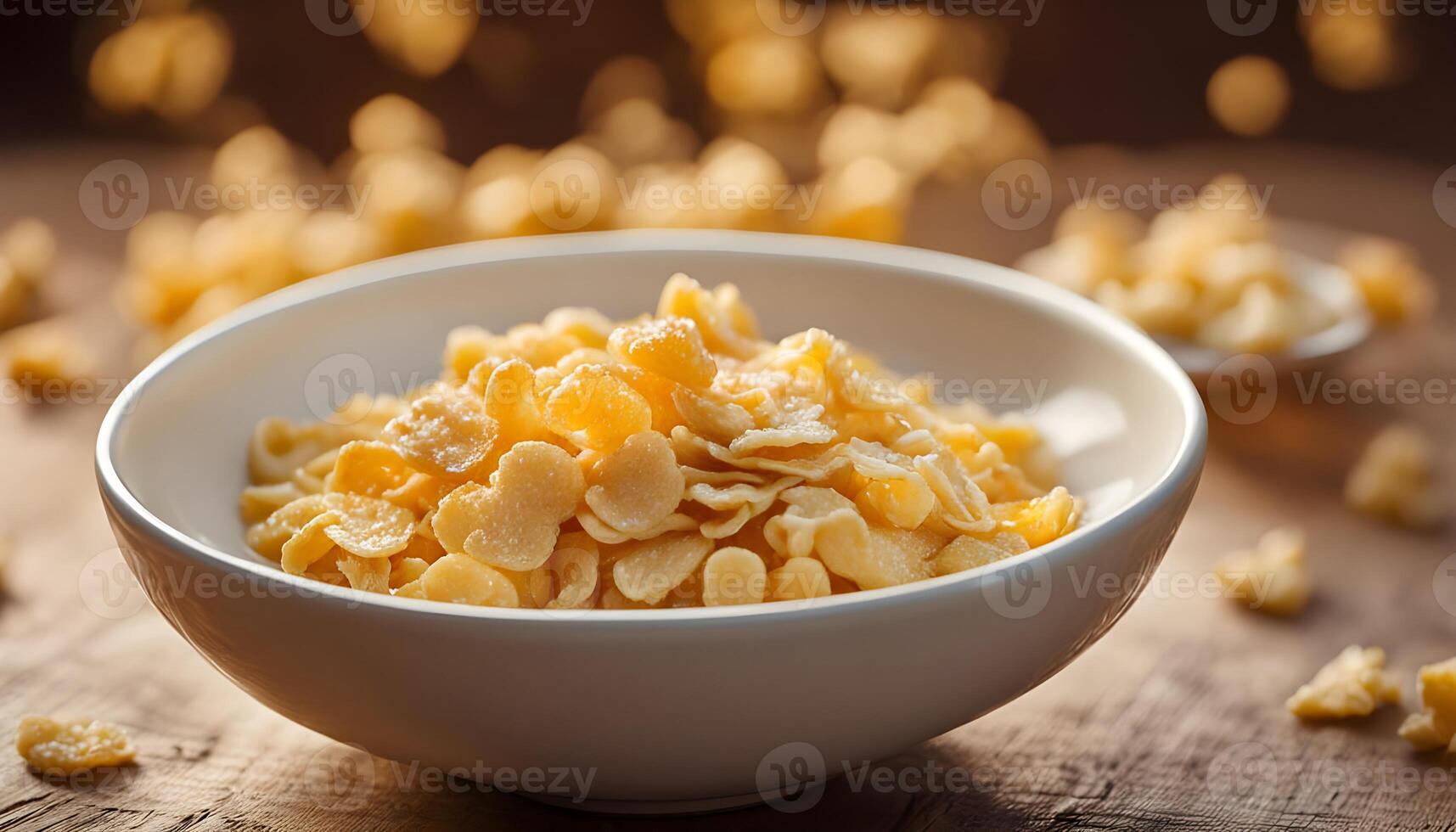 Bright and clean image of sweet organic corn flakes with milk, styled with a linen napkin photo