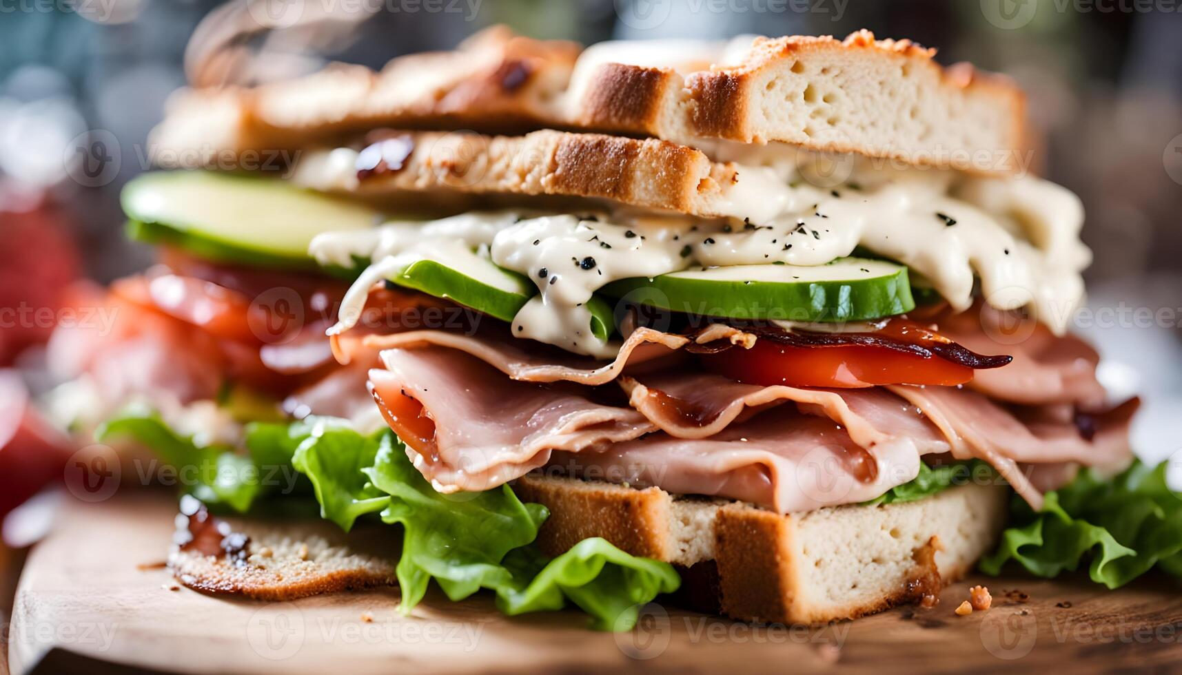 Gourmet style turkey club sandwich filled with layers of ham, crispy bacon, tomato, lettuce, and aioli on toasted sourdough photo