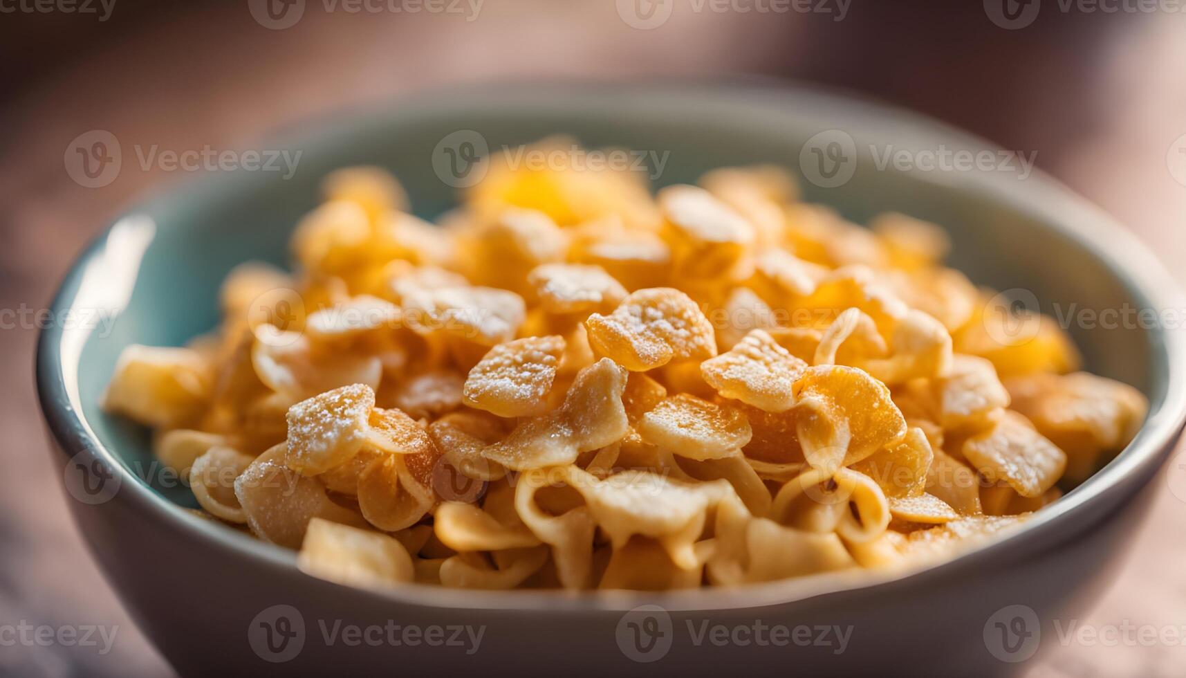 Golden frosted corn flakes with shiny sugar glaze, soaked in whole milk, styled with a cheerful morning atmosphere photo