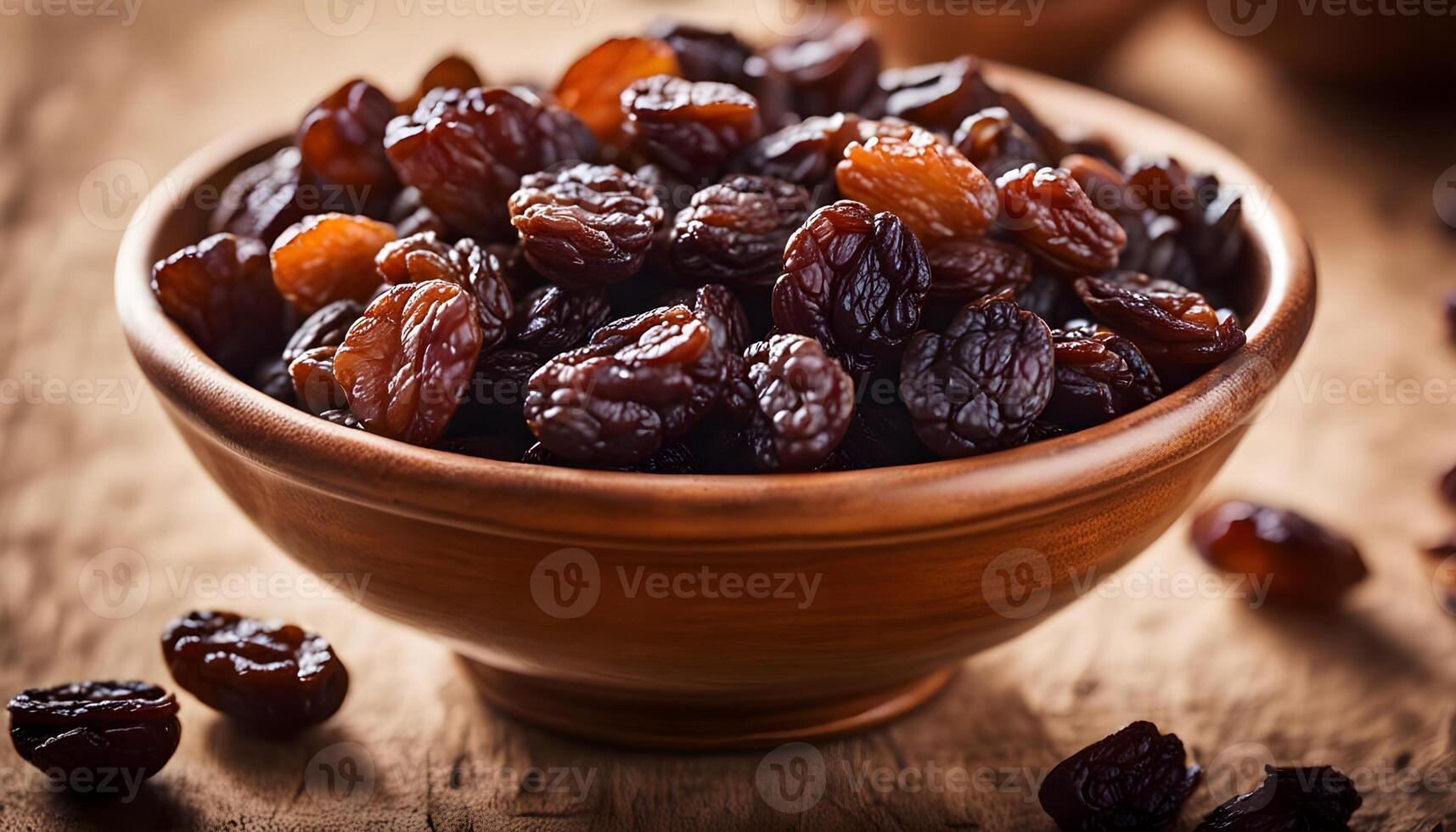 Macro shot of organic raisins piled in a rustic bowl, textured and rich photo
