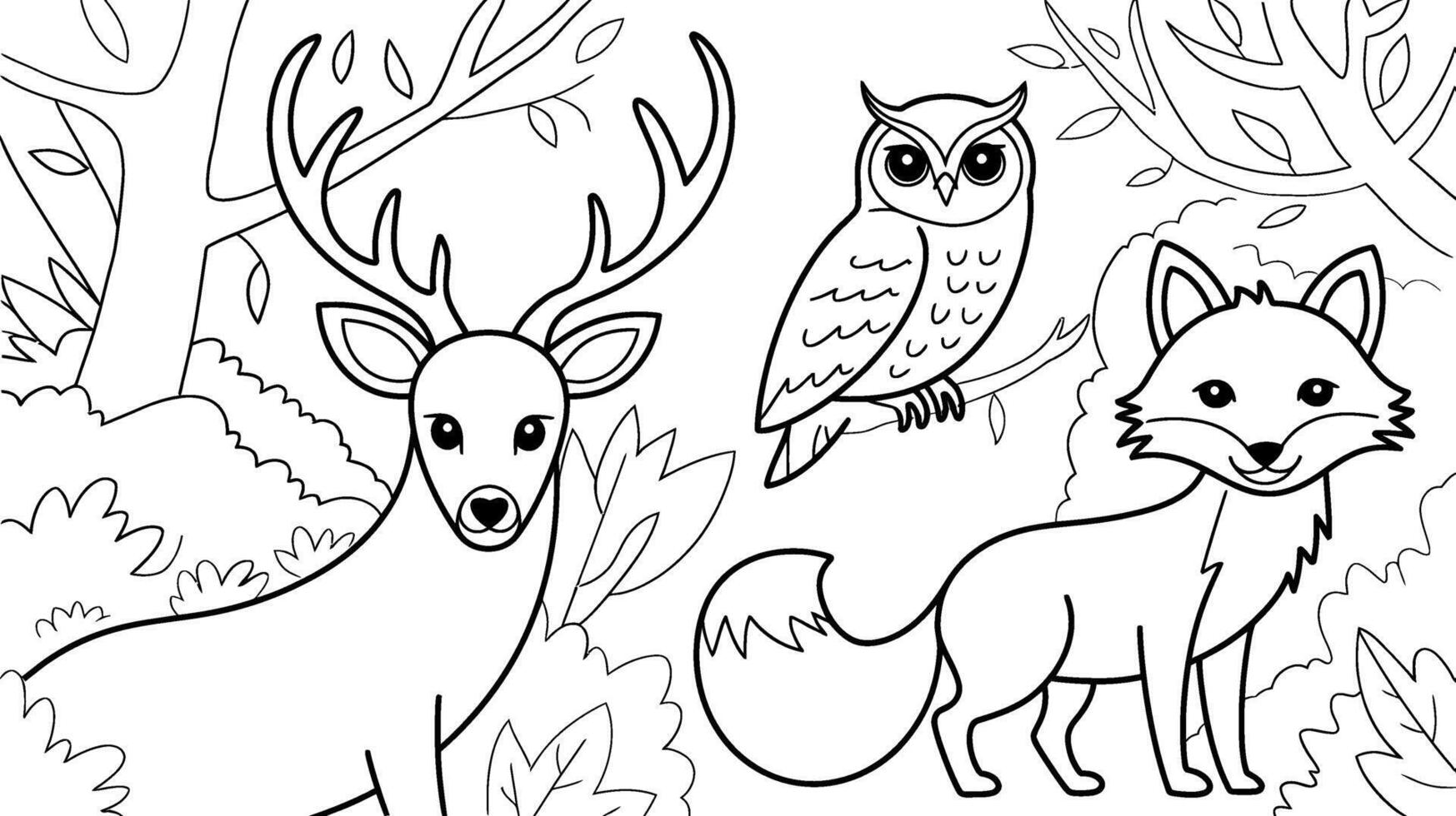 Forest Animal Coloring Page Deer, Fox, and Owl in Nature vector