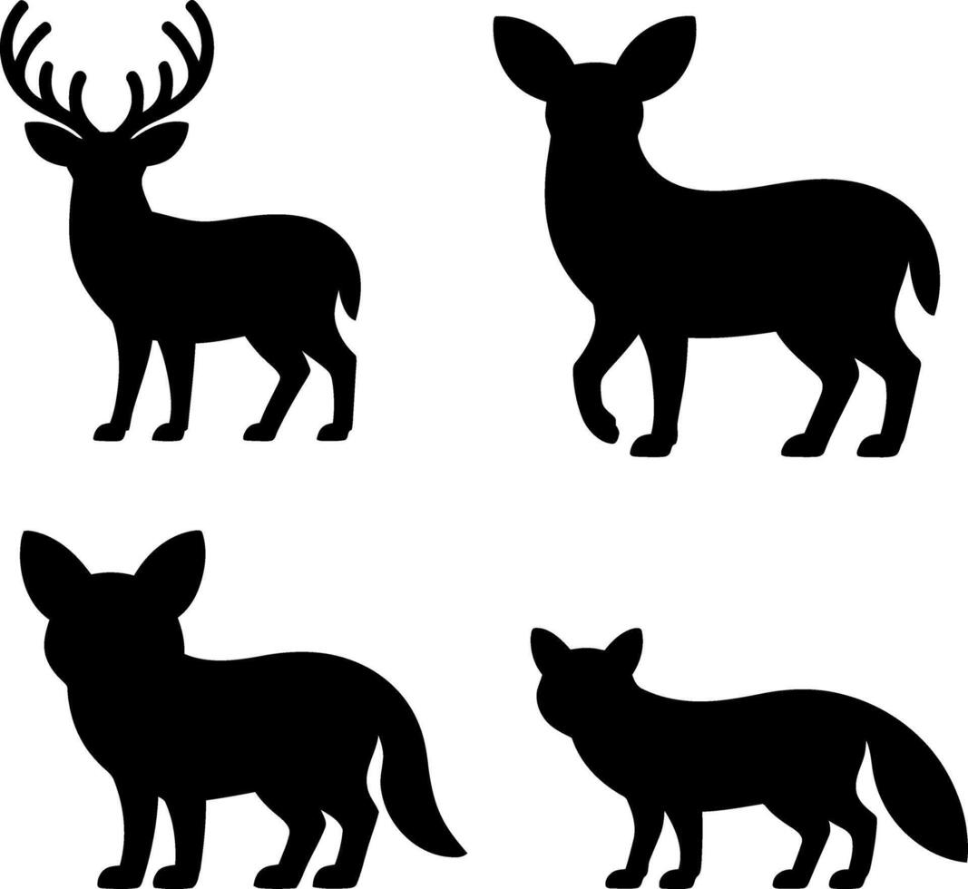 Forest Animal Silhouette Set Deer and Fox Black and White Illustrations vector