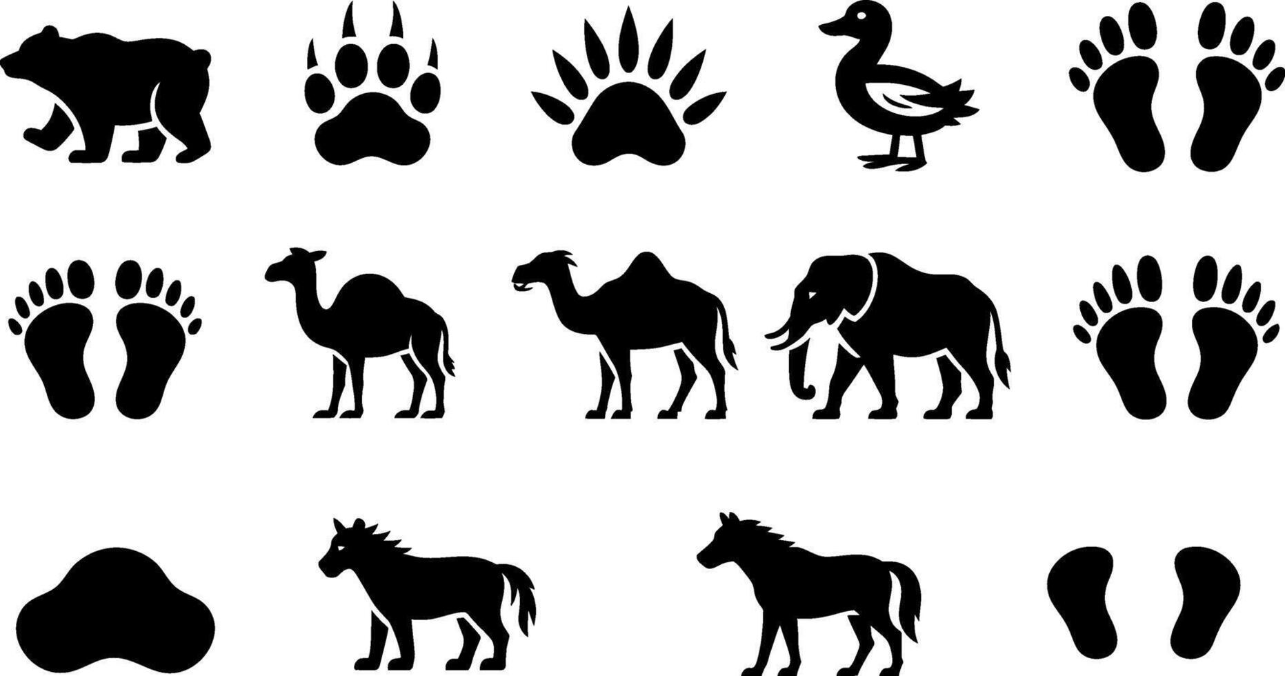 Animal Footprint and Silhouette Set Black and White Illustrations vector