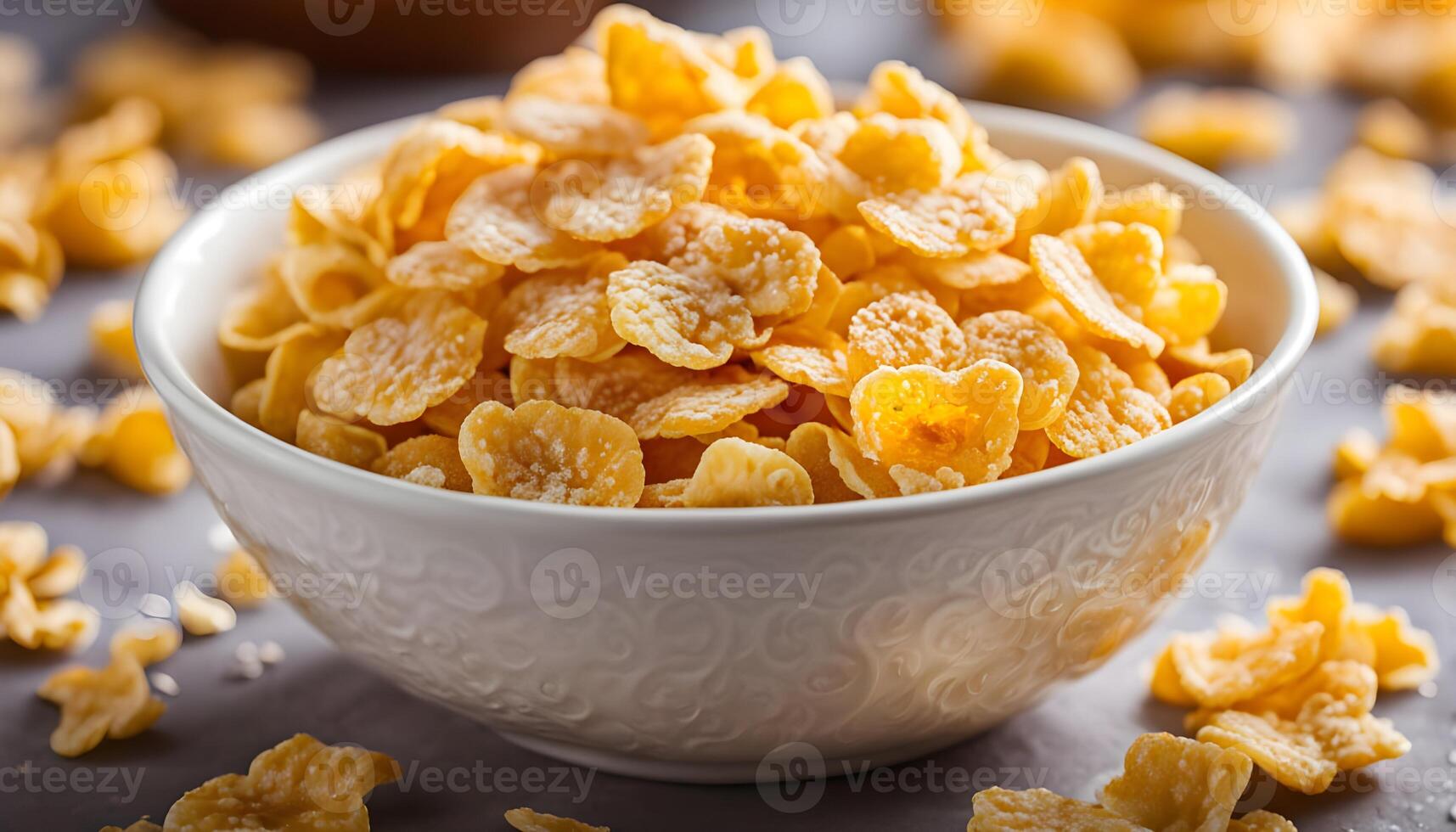Playful breakfast scene with overflowing bowl of sweet frosted corn flakes and milk, styled for a family breakfast table photo