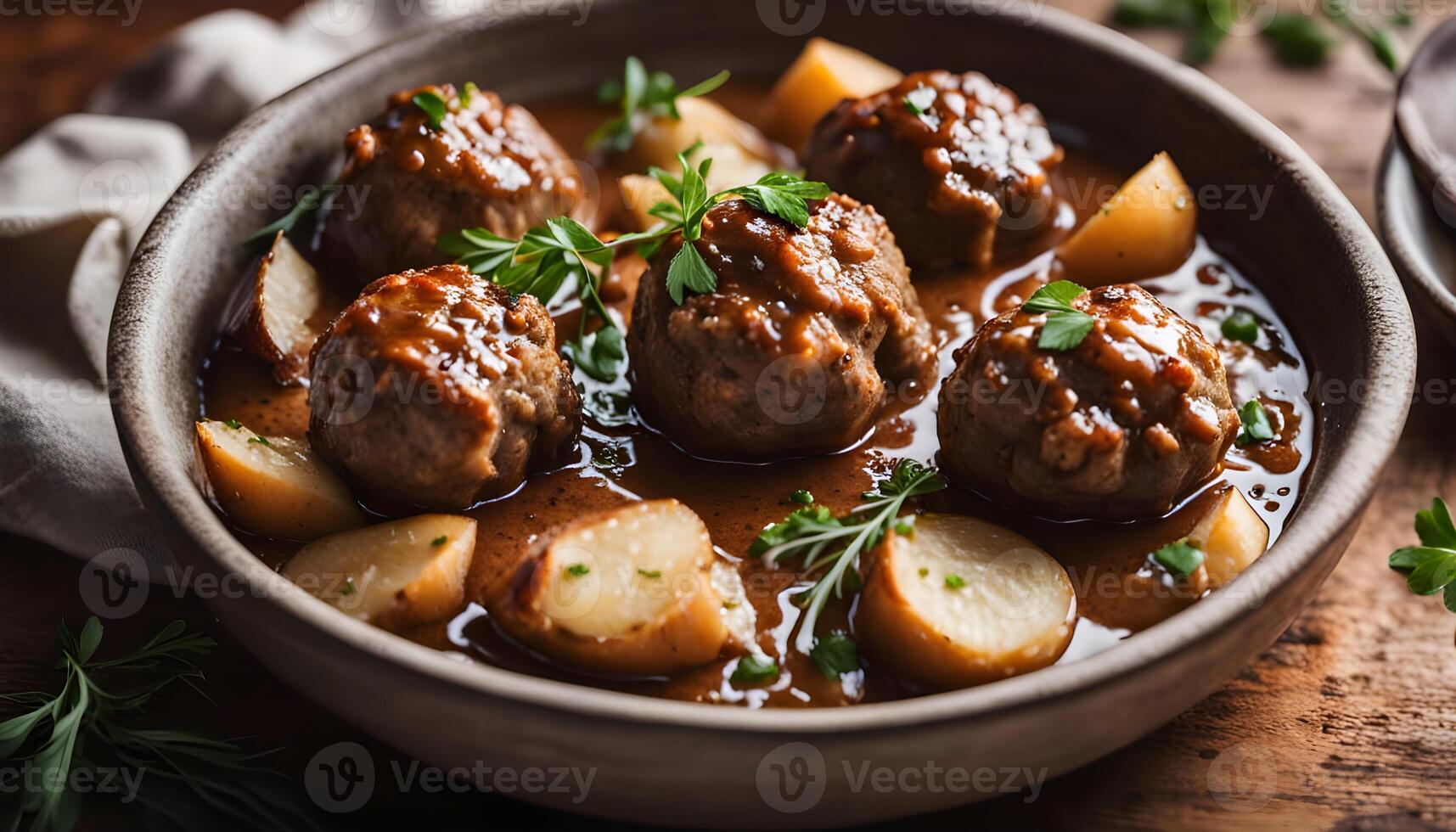 Plate of homemade healthy Swedish meatballs with creamy gravy, served with boiled baby potatoes and fresh parsley garnish photo