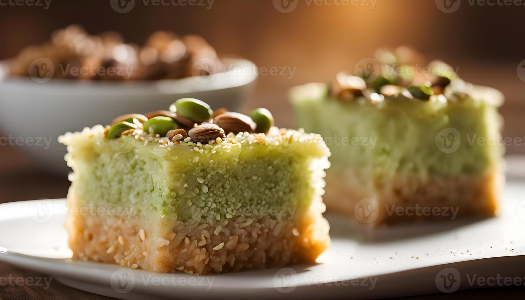 Traditional Turkish Baklava with flaky layers and pistachio topping, beautifully plated and styled on a vintage wood surface photo