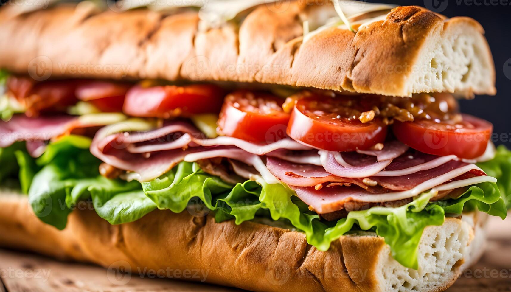Sub sandwich with Italian meats and fresh vegetables, plated next to a bowl of smooth cream cheese spread photo