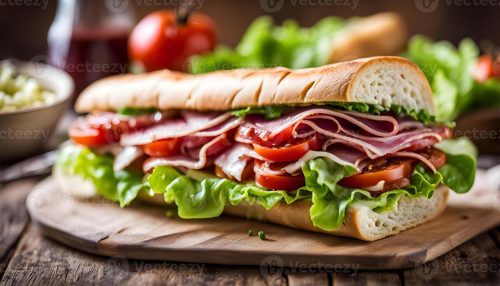 Italian style hoagie with salami and lettuce, with homemade creamy cheese in a rustic bowl photo