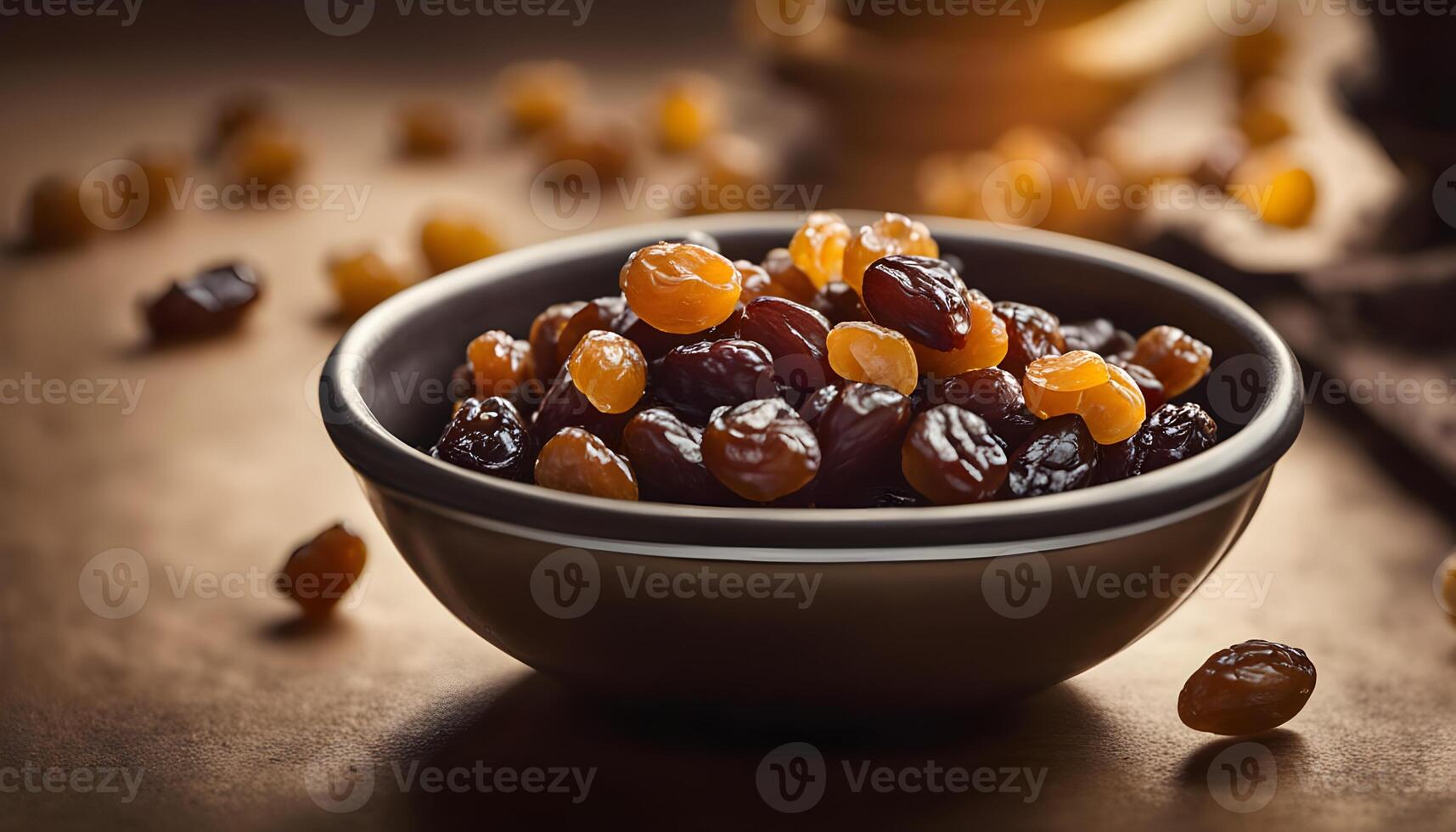 Healthy whole food display featuring dried raisins in an earthenware bowl photo