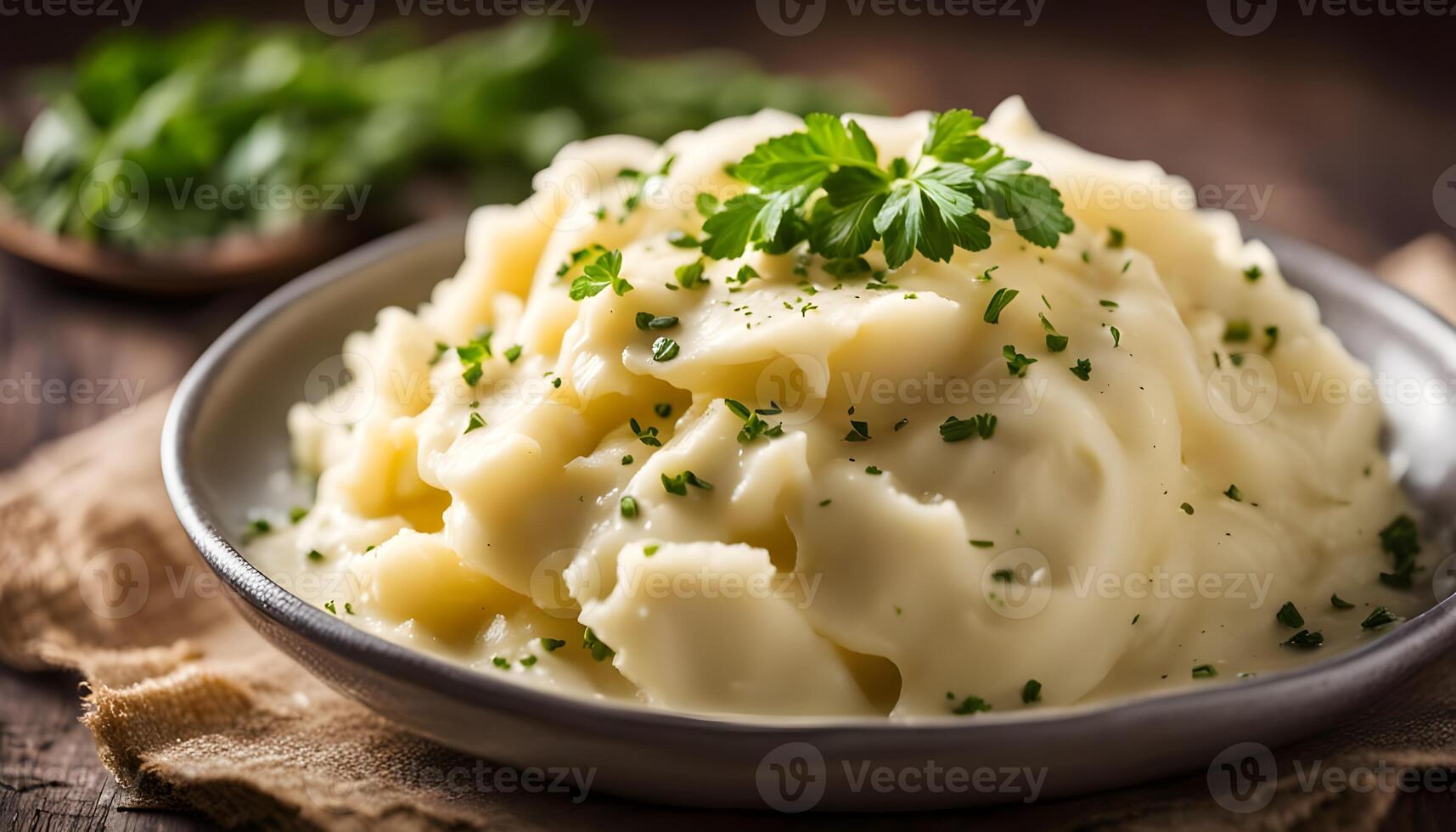 Freshly prepared mashed potatoes with a rich, golden tone placed in front of a rustic scene photo