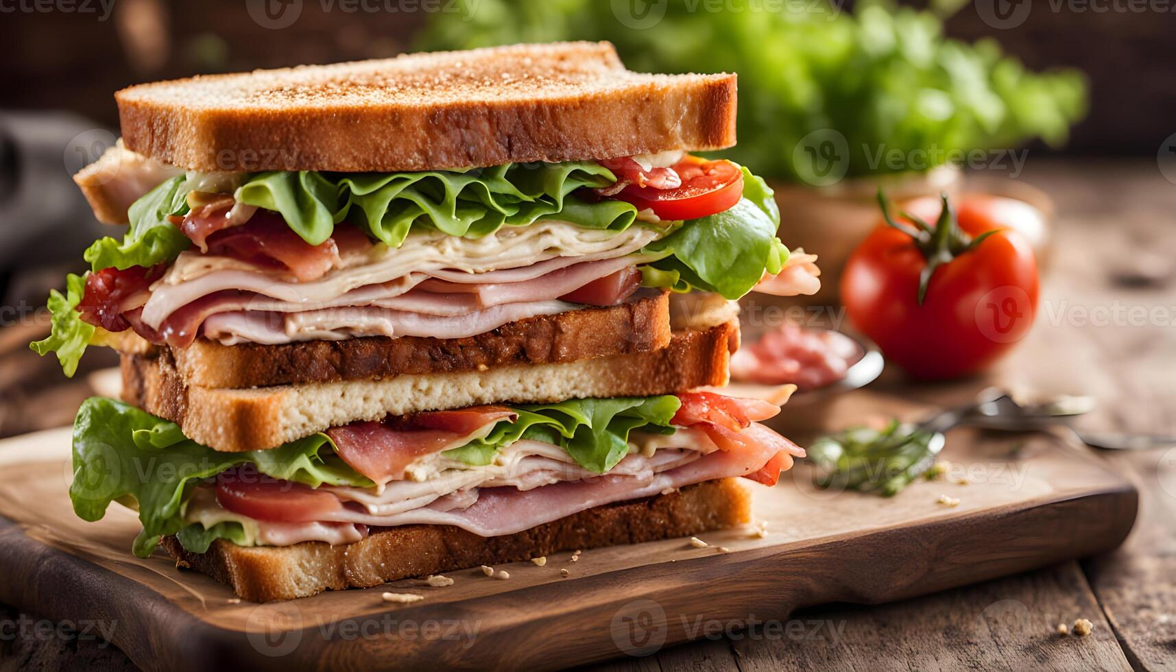 Homemade sandwich platter featuring turkey club sandwiches stacked high with layers of meats, tomato, and crispy bacon photo