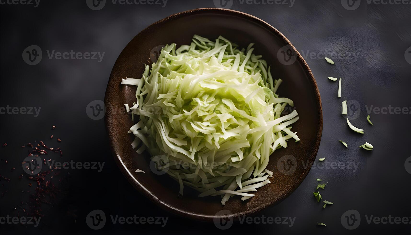 Green cabbage ribbons in a stoneware bowl, placed on a dark wooden table photo
