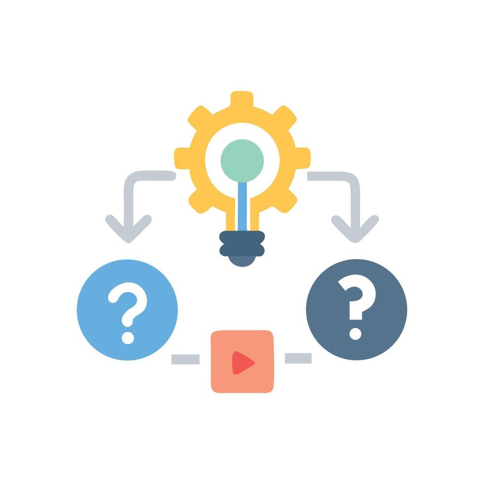 Problem solving process with gear, lightbulb, questions, and vector