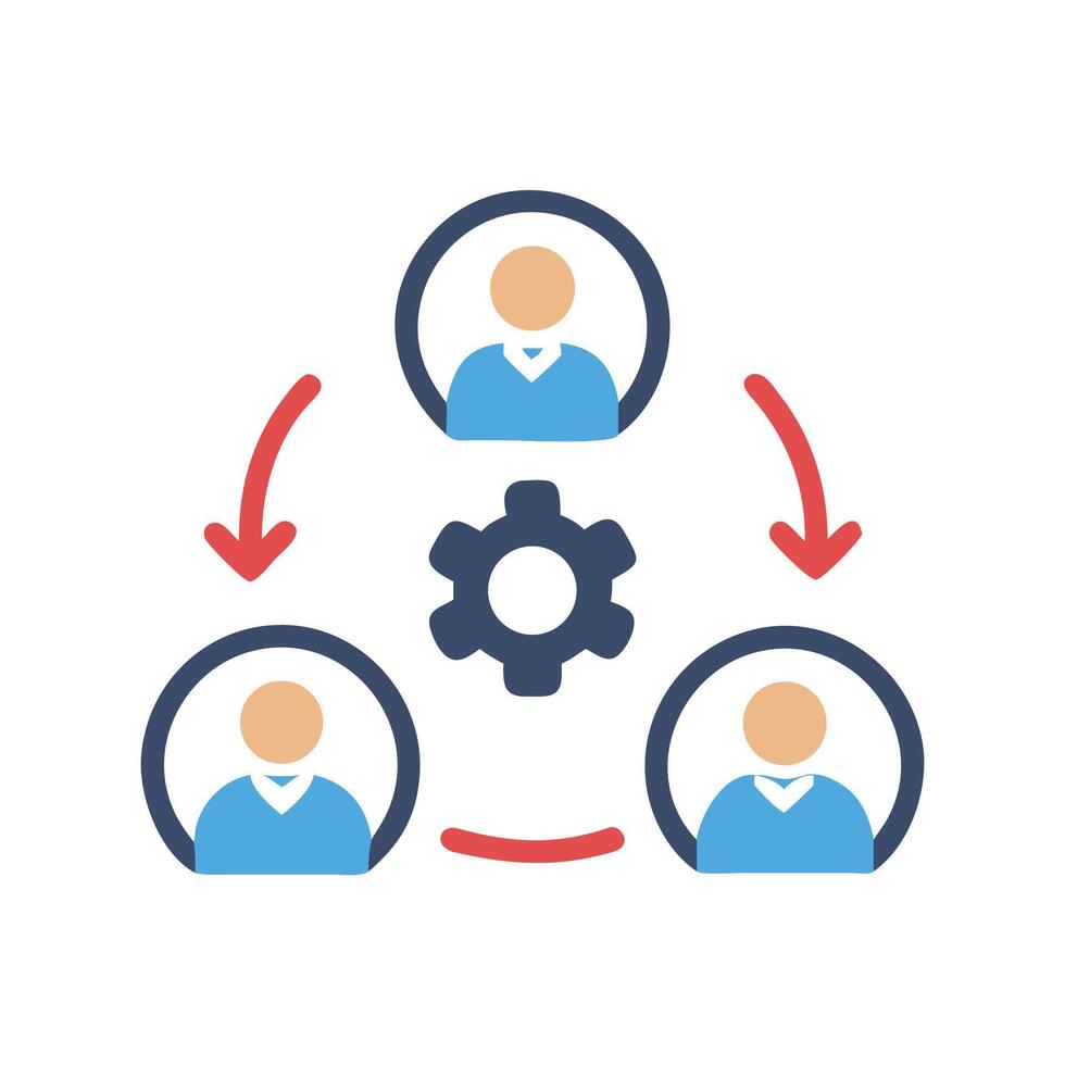 Teamwork process flow around cog or gear icon vector