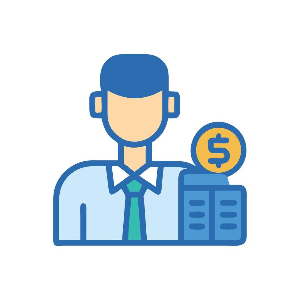 Financial advisor with coin and bank building icon vector