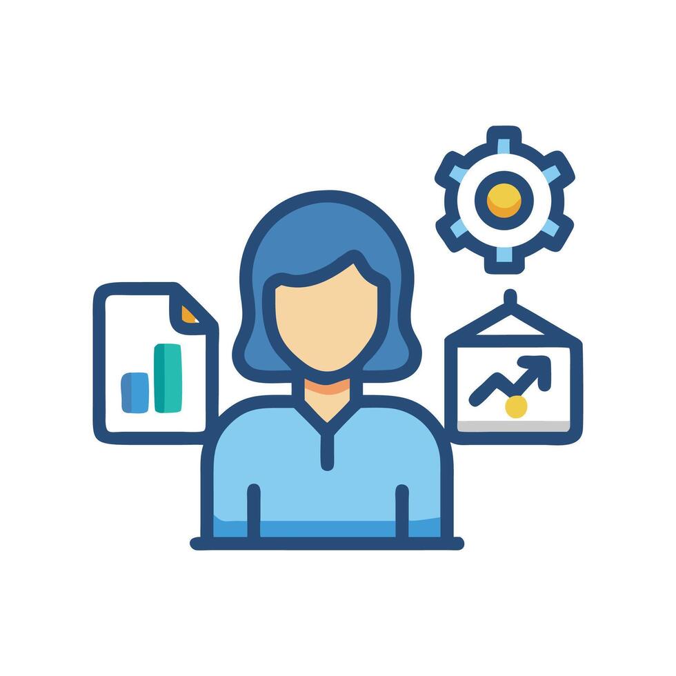 Business analytics woman with gears, charts, and documents vector