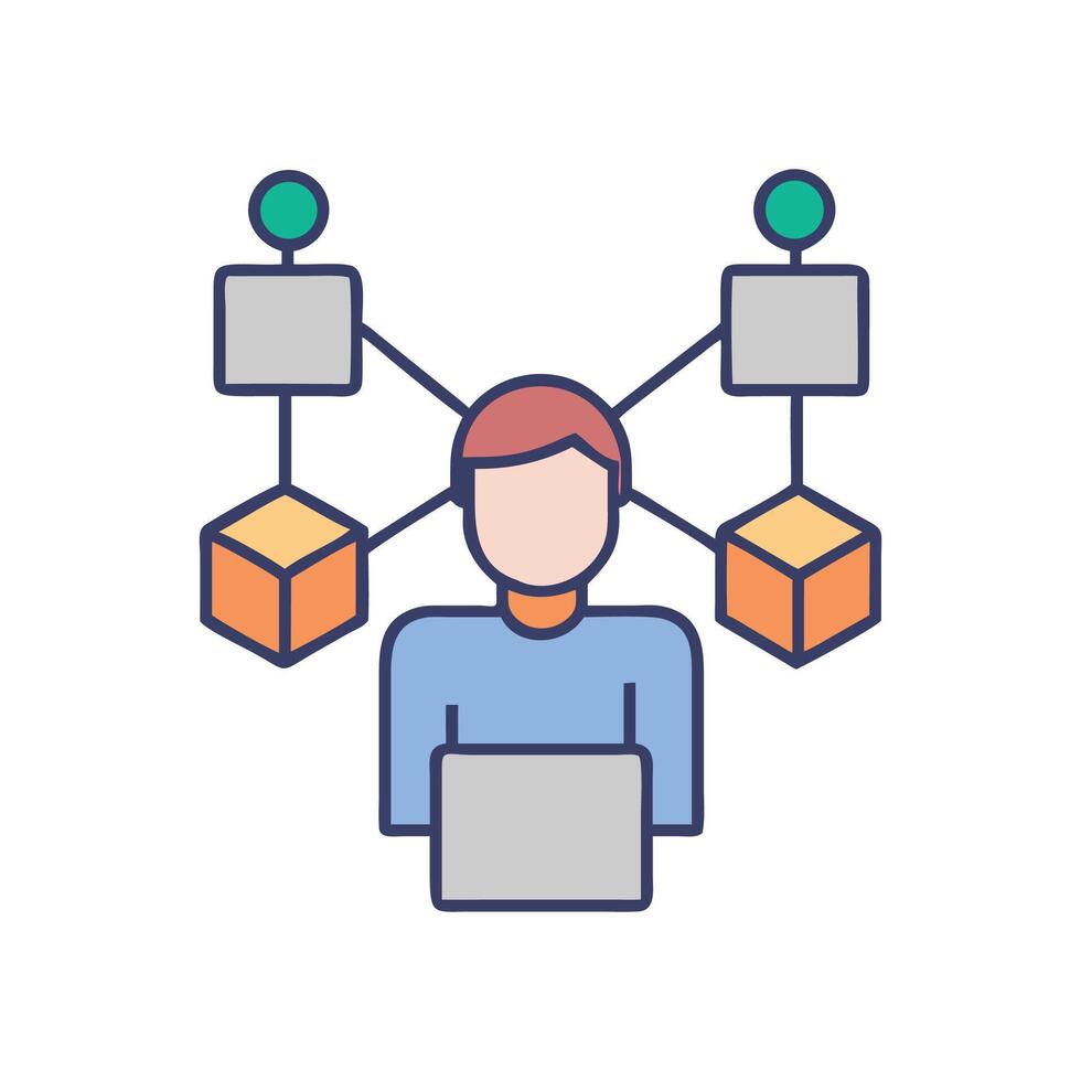 Network Engineer Connecting Nodes on Laptop for Blockchain vector