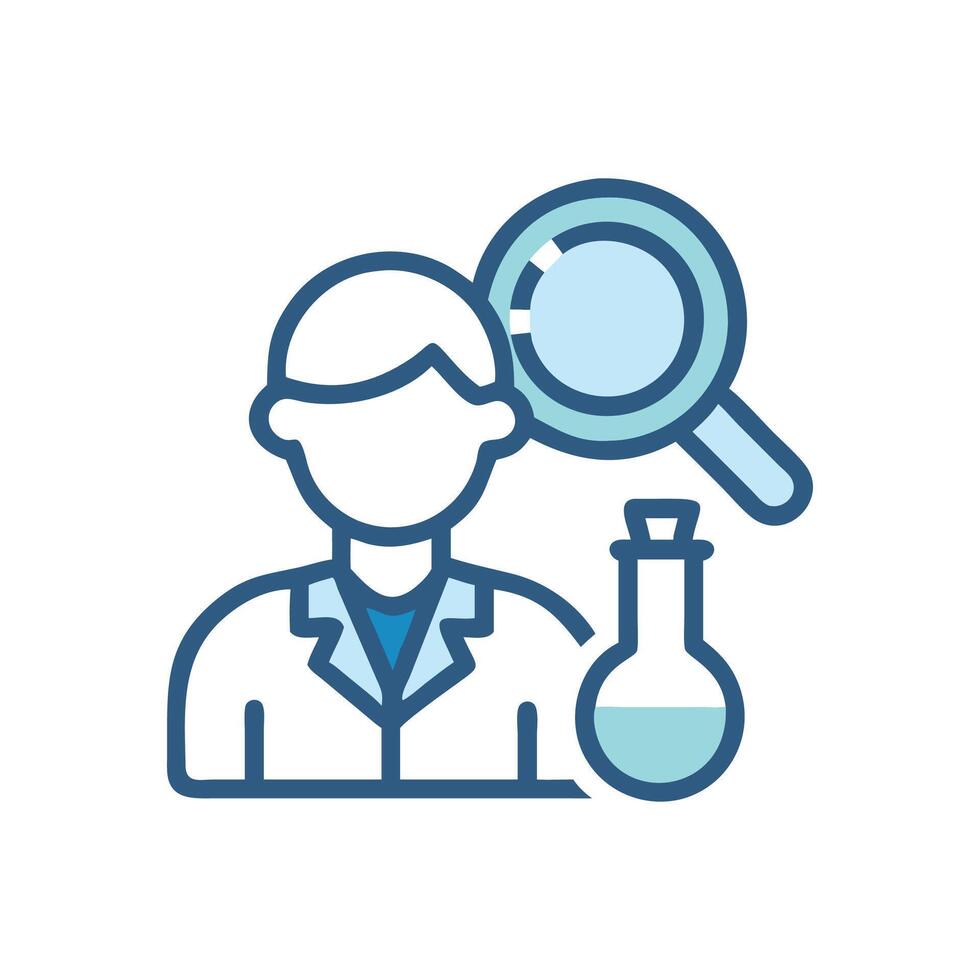 Researcher icon with magnifying glass and beaker illustration vector