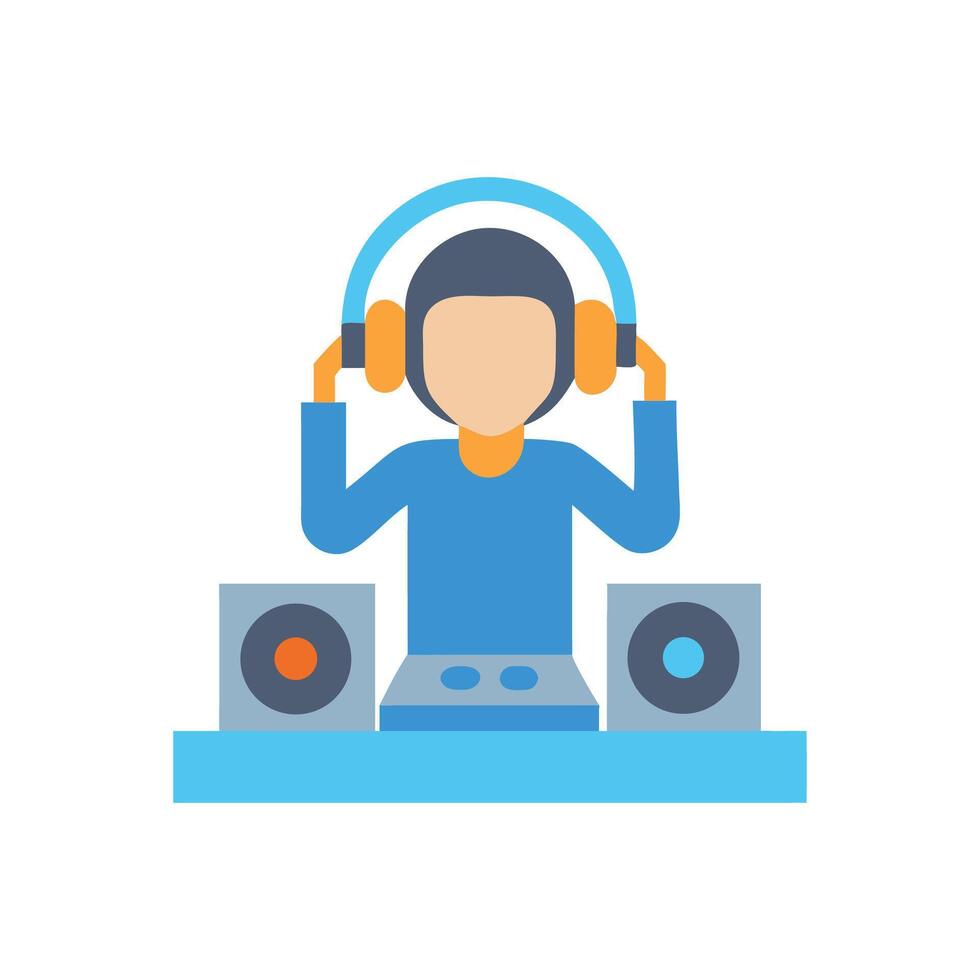 Flat Illustration of a DJ Mixing Music with Speakers vector