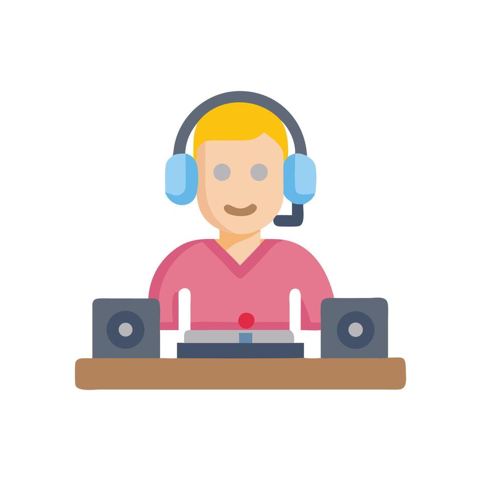 DJ with headset mixing music, on black background vector