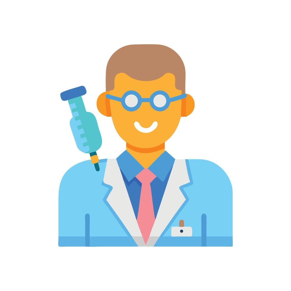 Cartoon doctor character with vaccine injection icon illustration vector