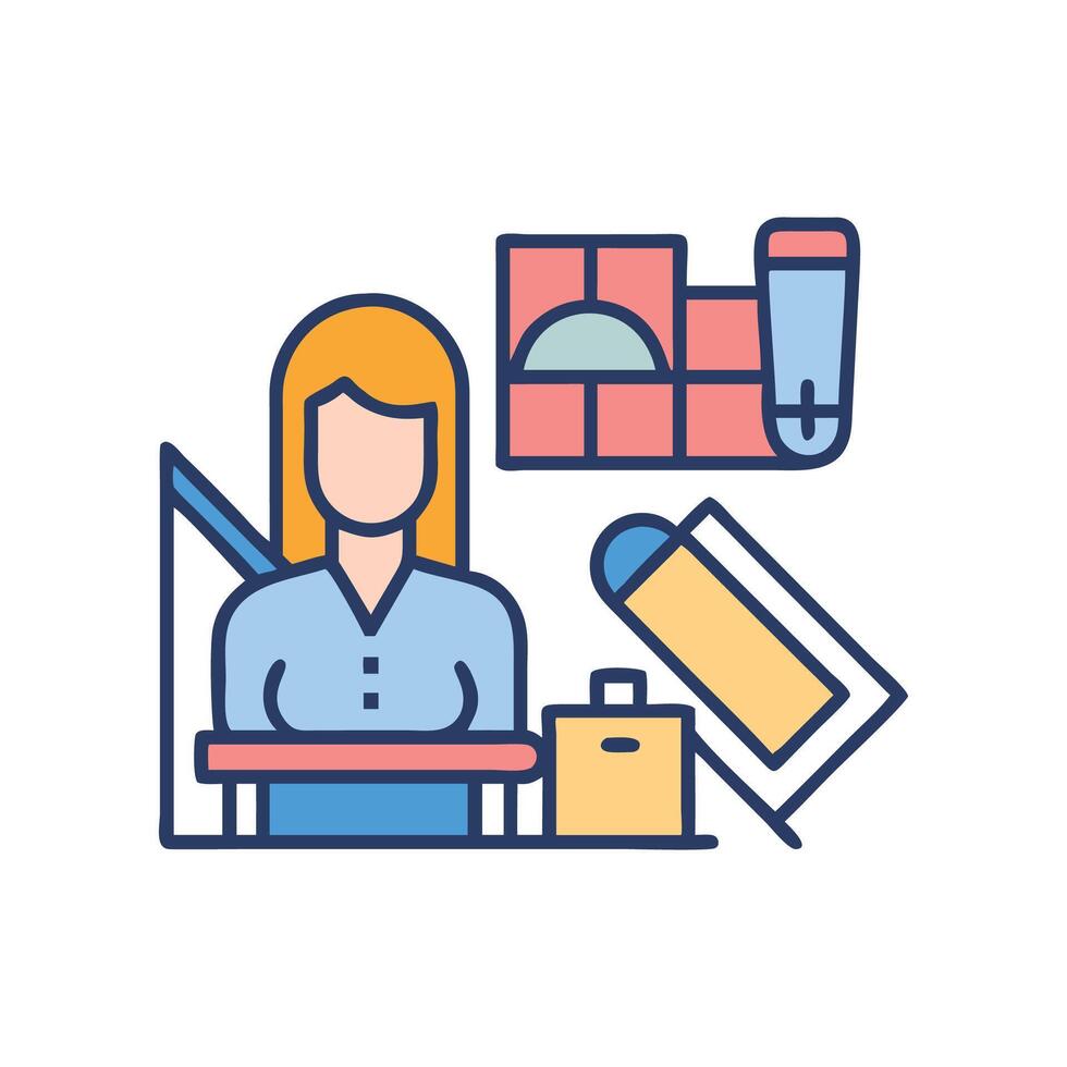 Interior Design Woman at Computer with Materials Icon vector