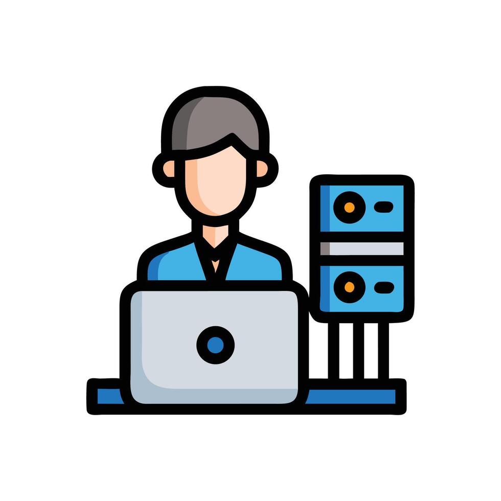 Server administrator working with data on a laptop vector