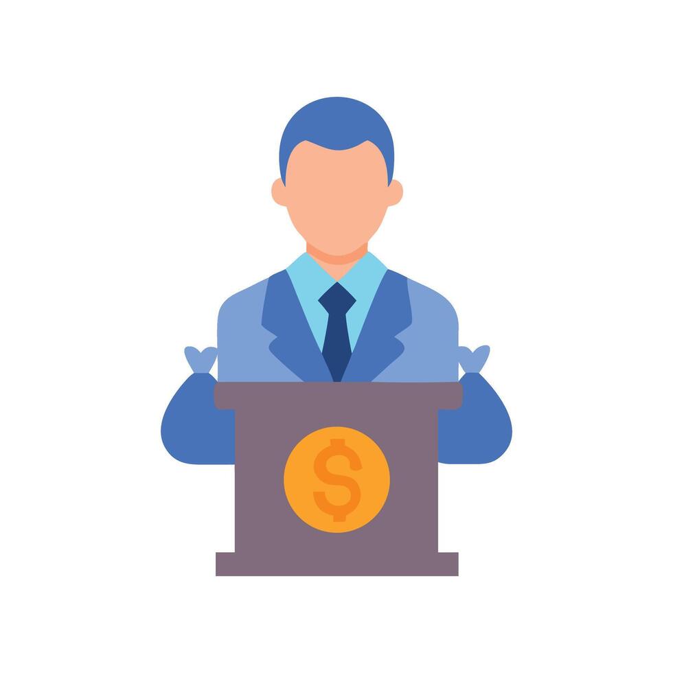Corrupt politician with money bags, financial crime concept vector