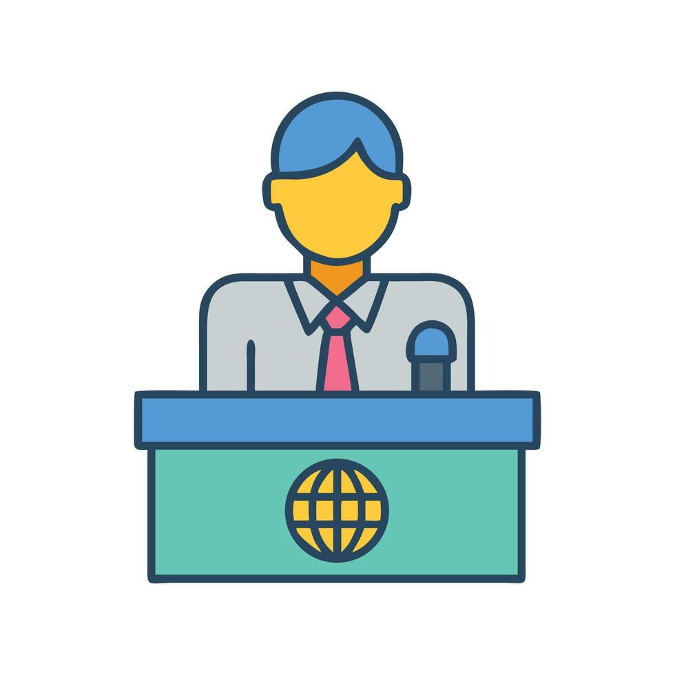 News anchor delivering speech with globe on podium vector