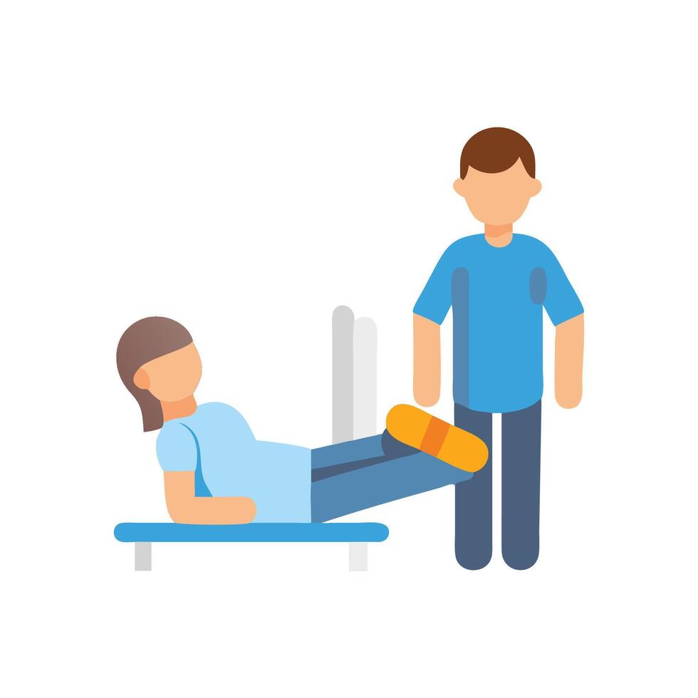 Physical therapist assists patient with leg press exercise vector