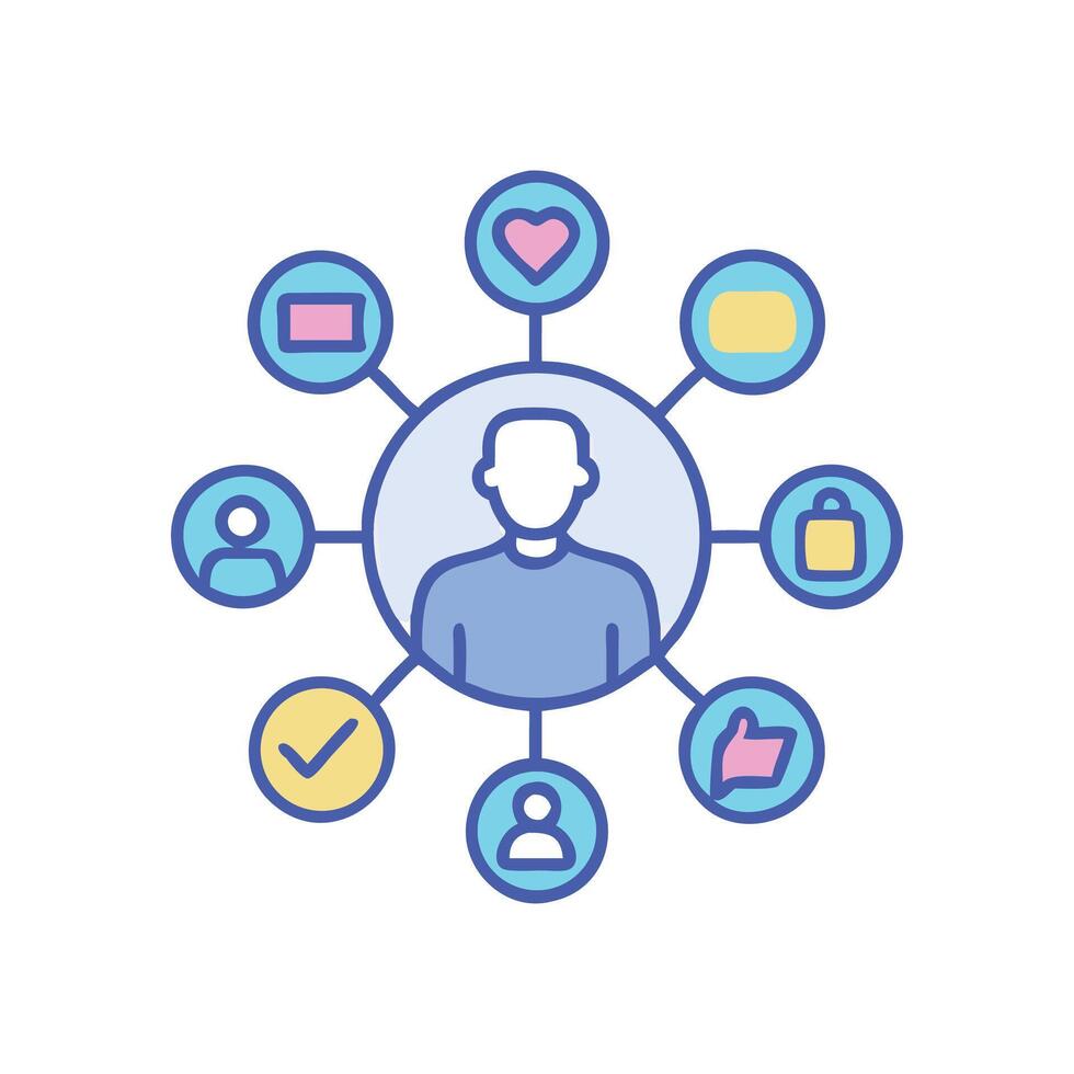 User profile connected to different social media services vector